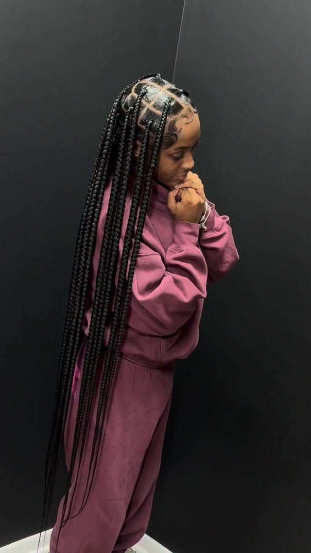 12 Braids Hairstyles: 29 Ideas, From Box Braids to Milkmaid 2 Person with long black box braids wearing a mauve oversized tracksuit against dark background.