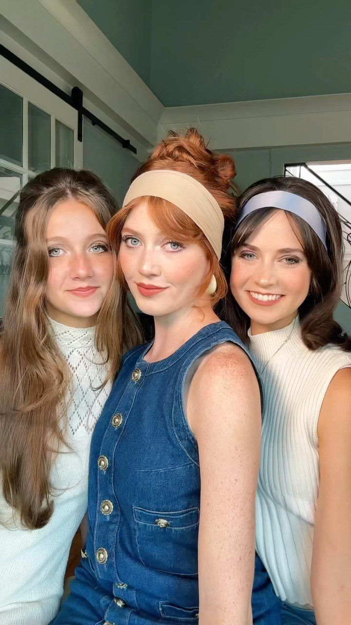 1960s Hairstyles: 7 Ideas from Beehives to Bubble Cuts 7 Three women with 1960s inspired hairstyles and headbands posing for a portrait.