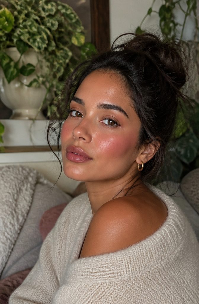 2026 Makeup Look Trends: 8 Styles Shaping the Year 11 Model with deep berry blush as the main feature of her look.