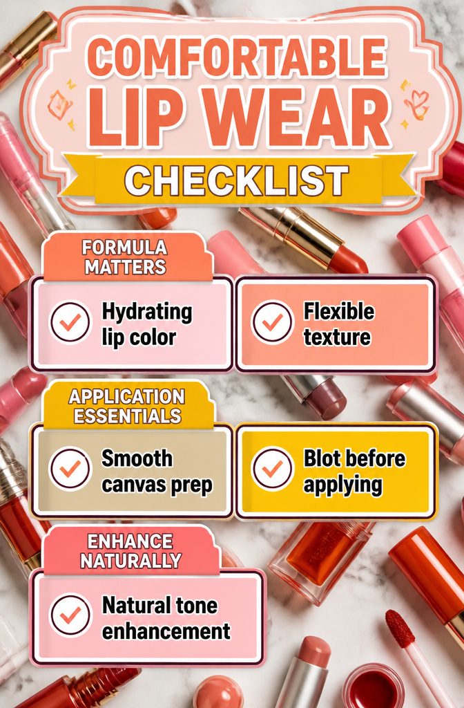 2026 Makeup Look Trends: 8 Styles Shaping the Year 12 Image titled 'Comfortable Lip Wear Checklist' with lip care tips.