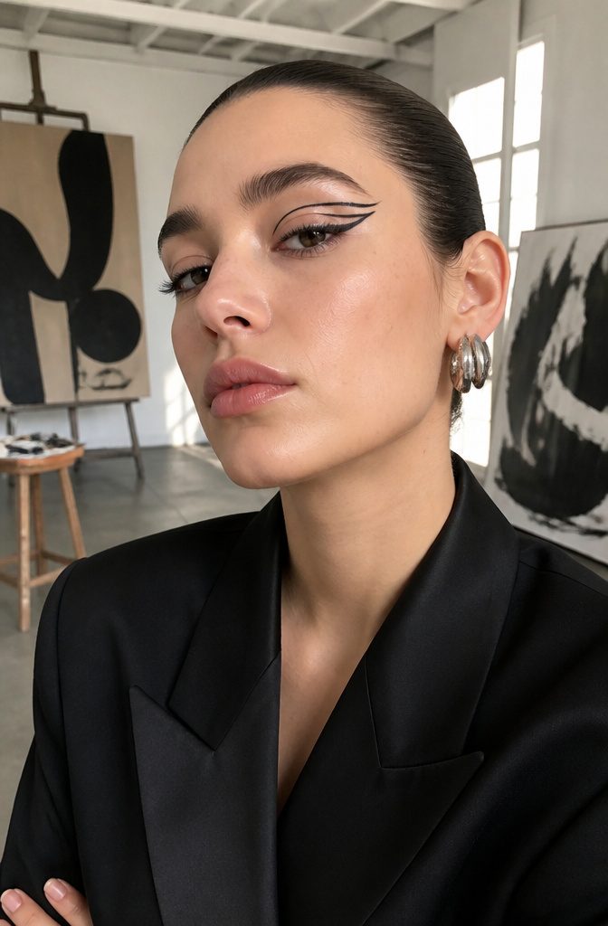 2026 Makeup Look Trends: 8 Styles Shaping the Year 8 Model with graphic eyeliner featuring floating and double-winged designs.