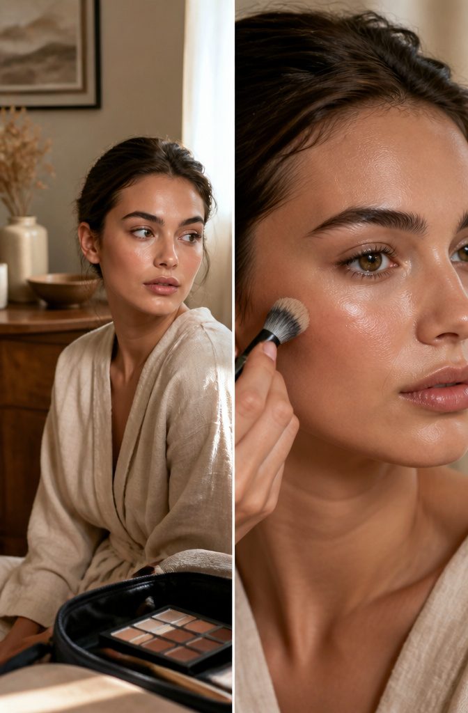 2026 Makeup Look Trends: 8 Styles Shaping the Year 5 Model with hybrid skin, showcasing matte and dewy makeup.