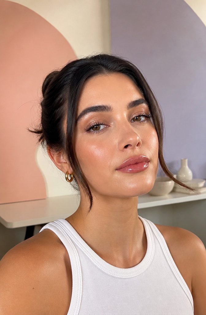 2026 Makeup Look Trends: 8 Styles Shaping the Year 3 Model with glossy lips, illustrating the juicy lip trend.