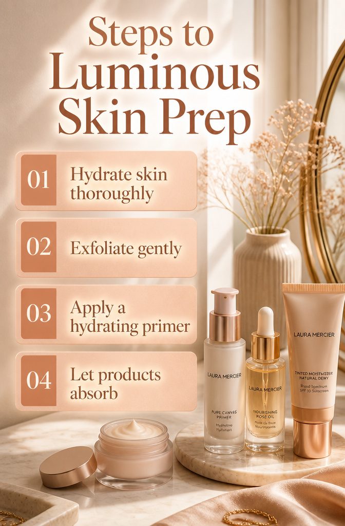 2026 Makeup Look Trends: 8 Styles Shaping the Year 10 Image titled 'Steps to Luminous Skin Prep' with skincare instructions.