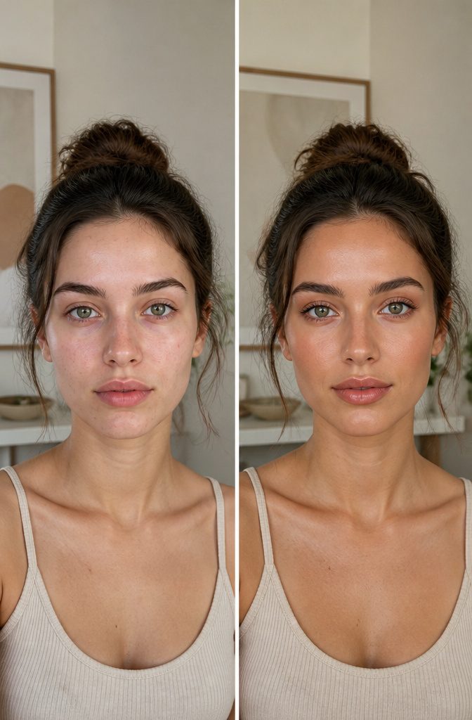 2026 Makeup Look Trends: 8 Styles Shaping the Year 4 Model with hydrated skin, demonstrating the natural skin trend.