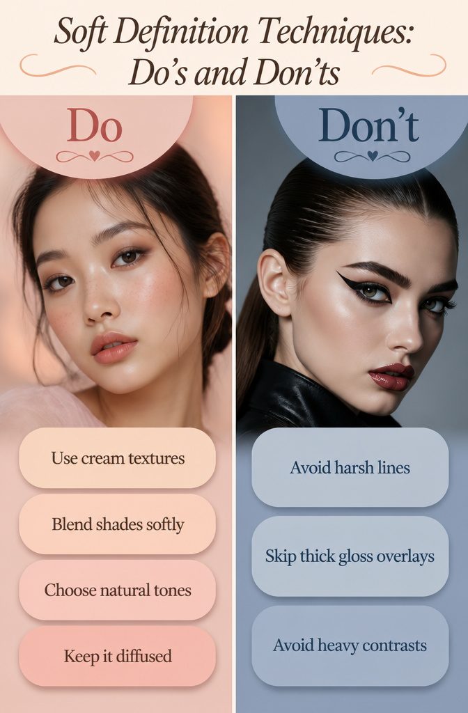 2026 Makeup Look Trends: 8 Styles Shaping the Year 13 Image titled 'Soft Definition Techniques: Do's and Don'ts' with makeup tips.