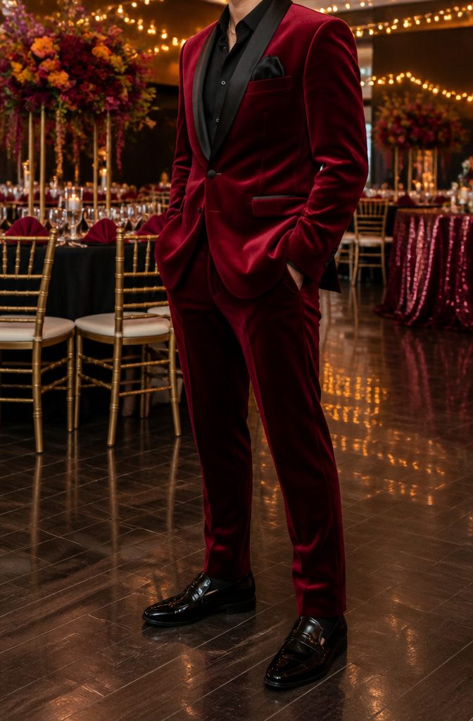 A suit made of velvet in a bold ruby hue for formal wear.