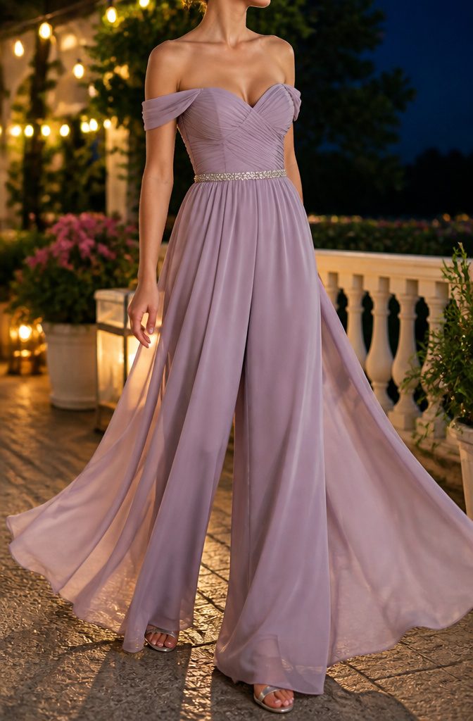 A stylish jumpsuit with an off-the-shoulder neckline and flowing fabric.