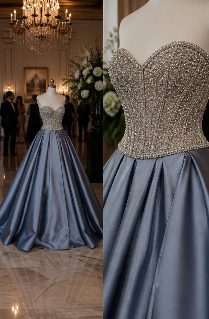 A ballgown skirt with a corset top offers a mix of styles.
