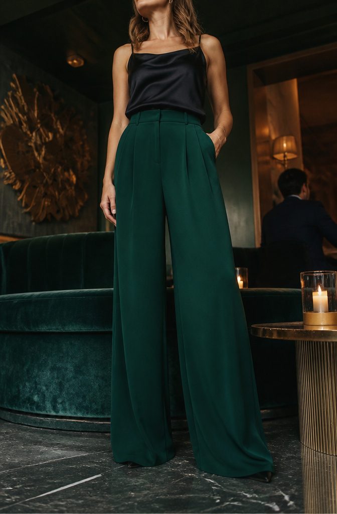 Wide-leg palazzo pants styled for a formal event.