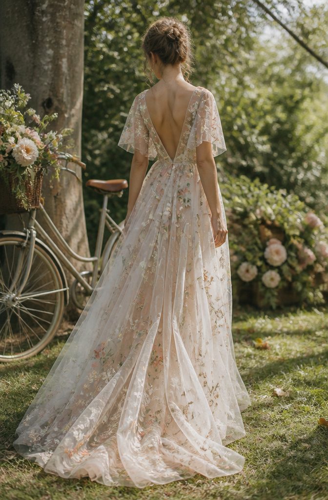 An ethereal wedding gown crafted from layers of embroidered tulle.