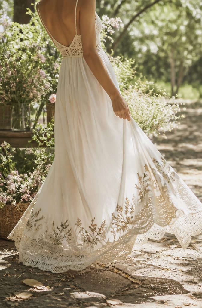 A soft bridal ensemble made of cotton voile with floral embroidery.