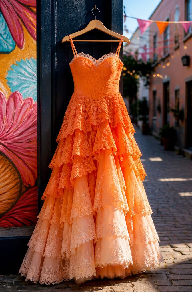 A colorful dip-dyed wedding dress with layered lace and ombre effects.