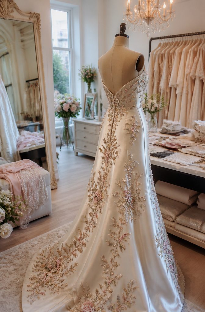 A custom-made wedding gown with detailed hand embroidery on satin.