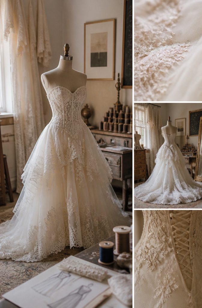 A designer at work on a custom wedding gown with hand embroidery.