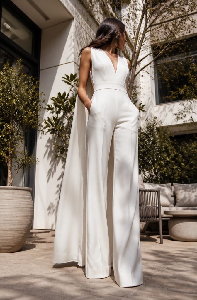 A wedding jumpsuit featuring a modern silhouette and clean lines.