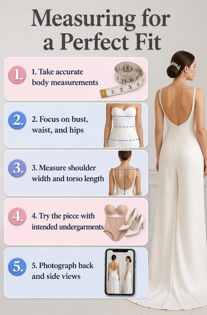 An instructional image on measuring for a perfect fit in wedding attire.
