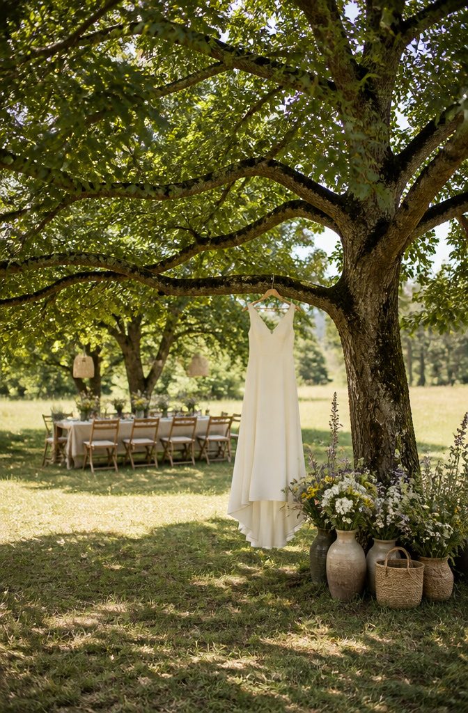 A display of wedding outfits available for rental to promote sustainability.