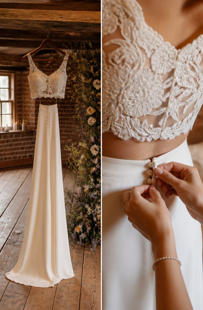 A two-piece wedding outfit showing a structured top and a flowing skirt.