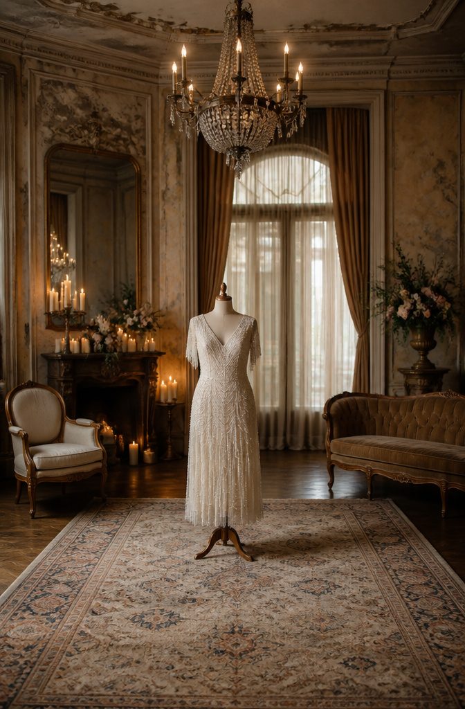 A vintage-inspired wedding dress with a flapper silhouette and beadwork.