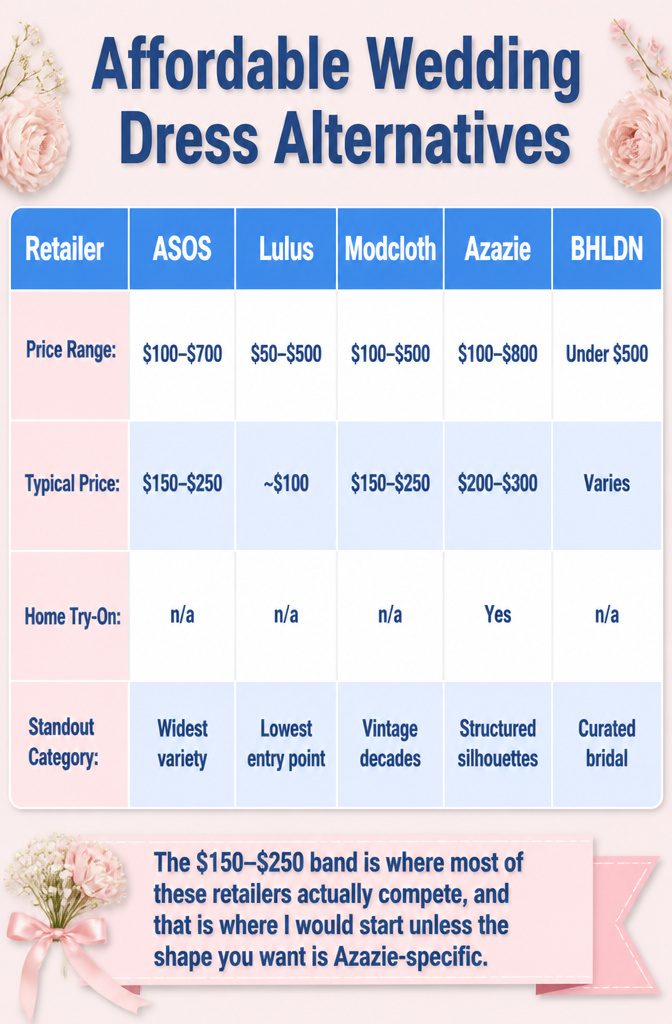 An information image listing affordable wedding dress alternatives.