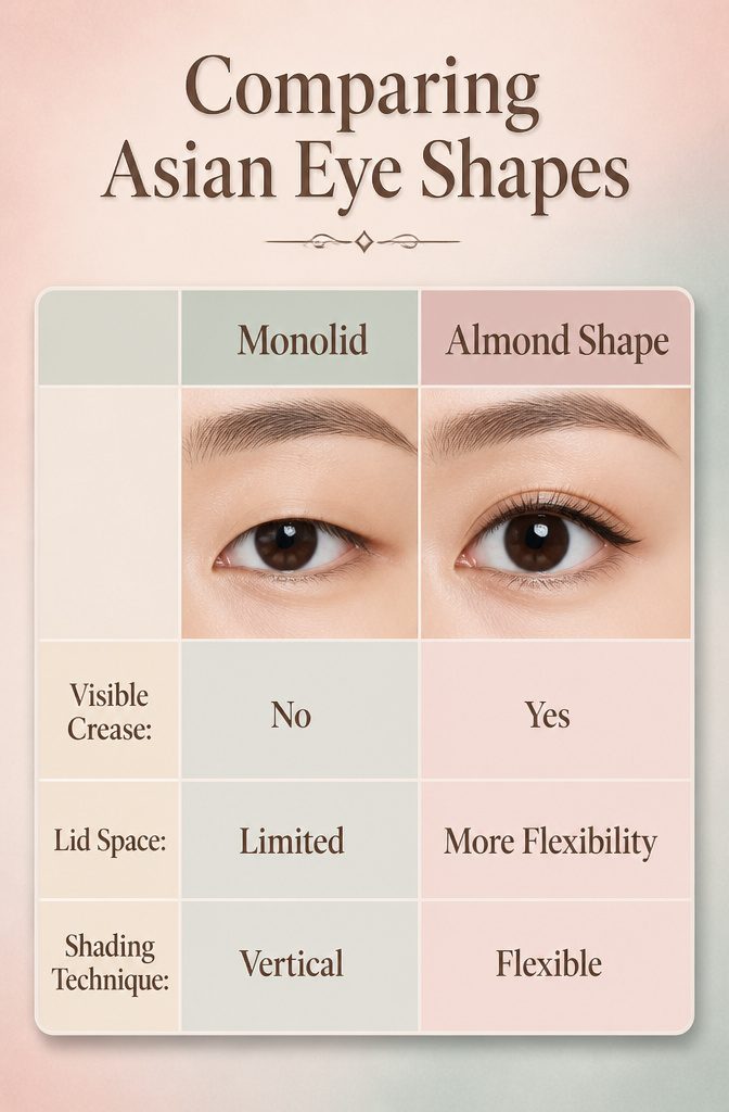 Comparison of four Asian eye shapes: monolid, hooded, tapered, and almond.