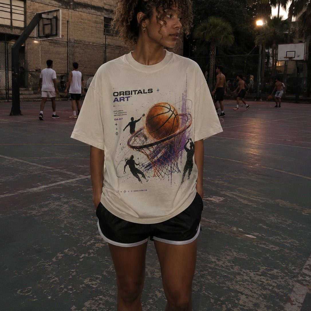 Woman in a basketball graphic t-shirt and black shorts on a court