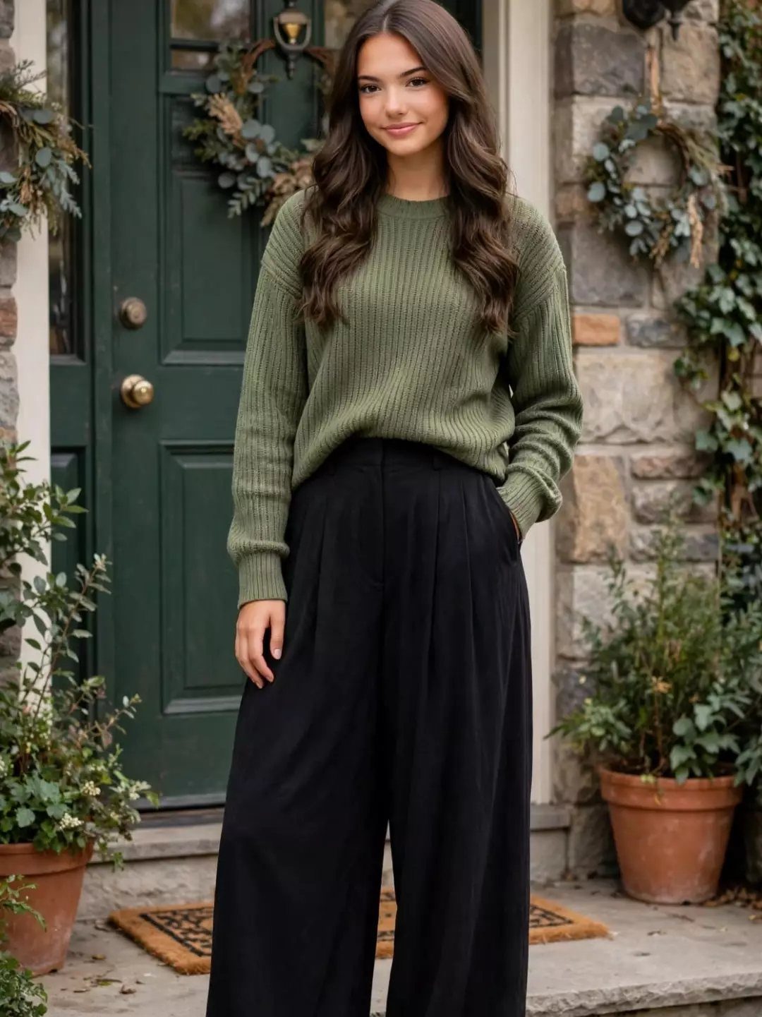Woman wearing an olive green ribbed sweater and wide-leg black trousers outdoors.