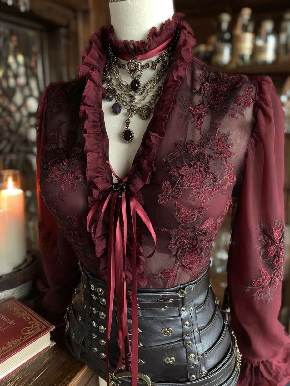 Red lace blouse layered under a black leather underbust corset on a mannequin.
