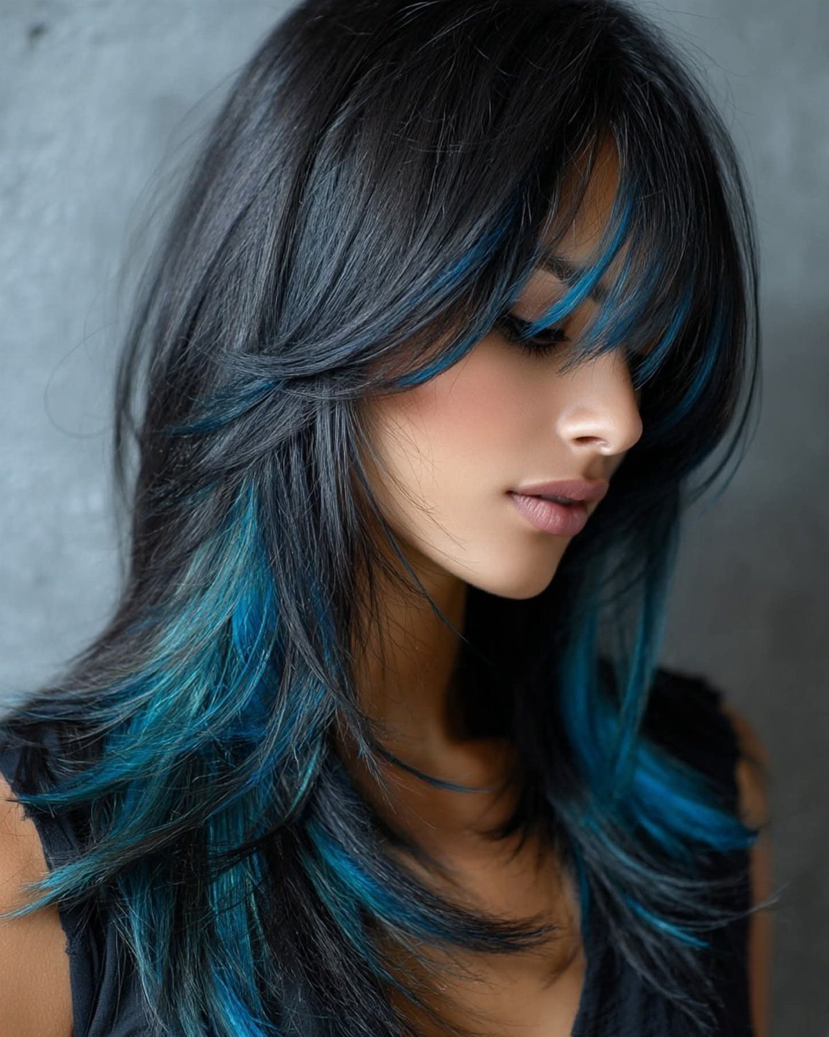 8 Blue Highlights for Brown Hair Ideas and Styles 8 Woman with straight dark hair and vibrant blue highlights posing against grey background