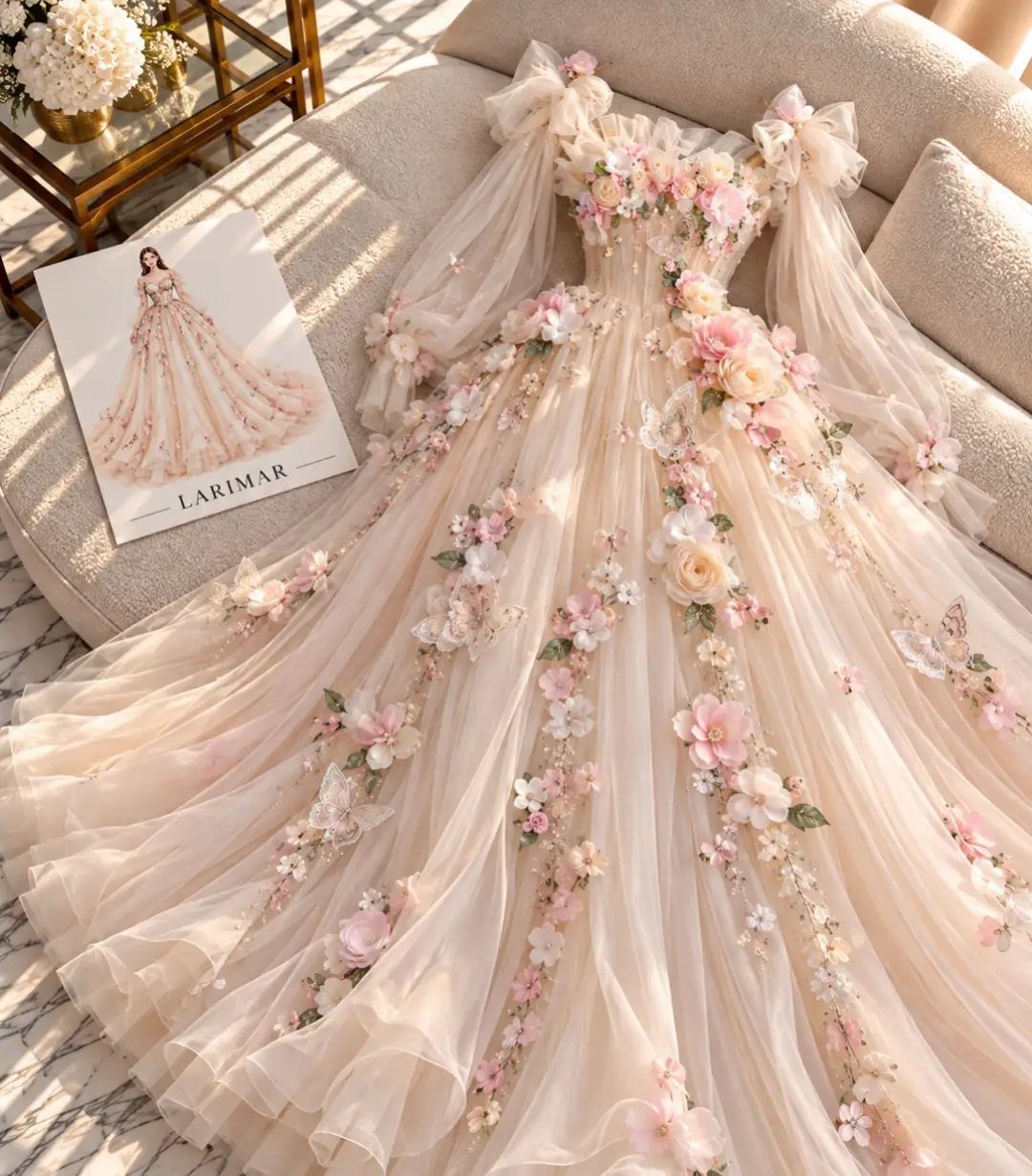 25 Blush Wedding Dress Ideas in Lace, Tulle, Silk and Sequins 13 Blush pink tulle gown with three-dimensional fabric flowers laid on a light sofa