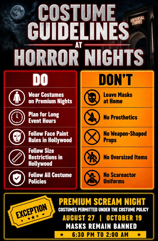 An information image detailing costume guidelines for Halloween Horror Nights.