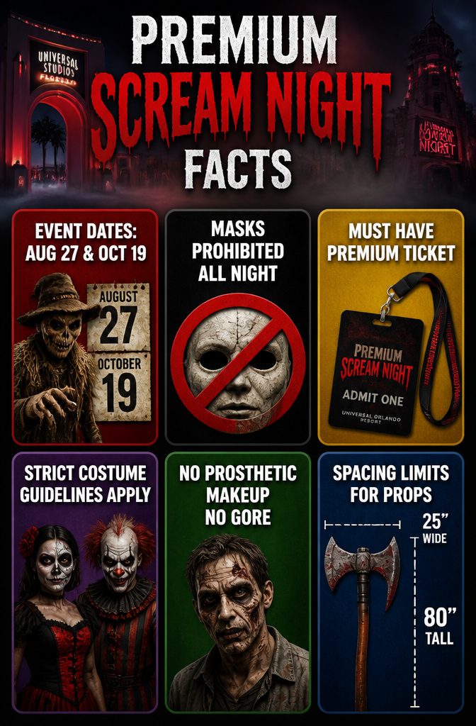 An information image about the costume policy for Premium Scream Night.