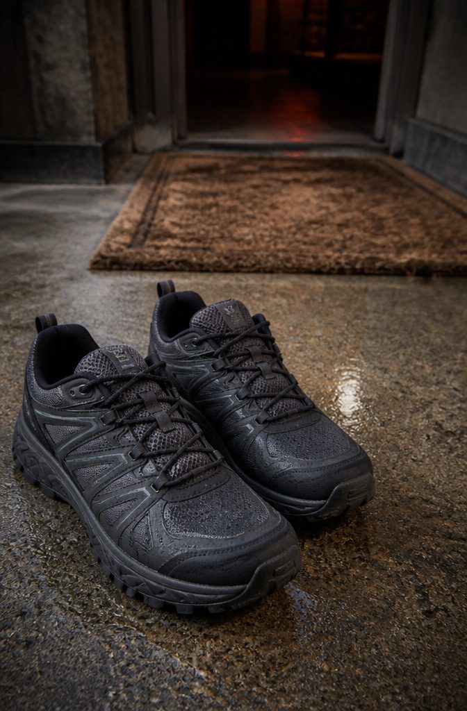 Close-up of sturdy running shoes on a textured surface near a haunted house entrance.
