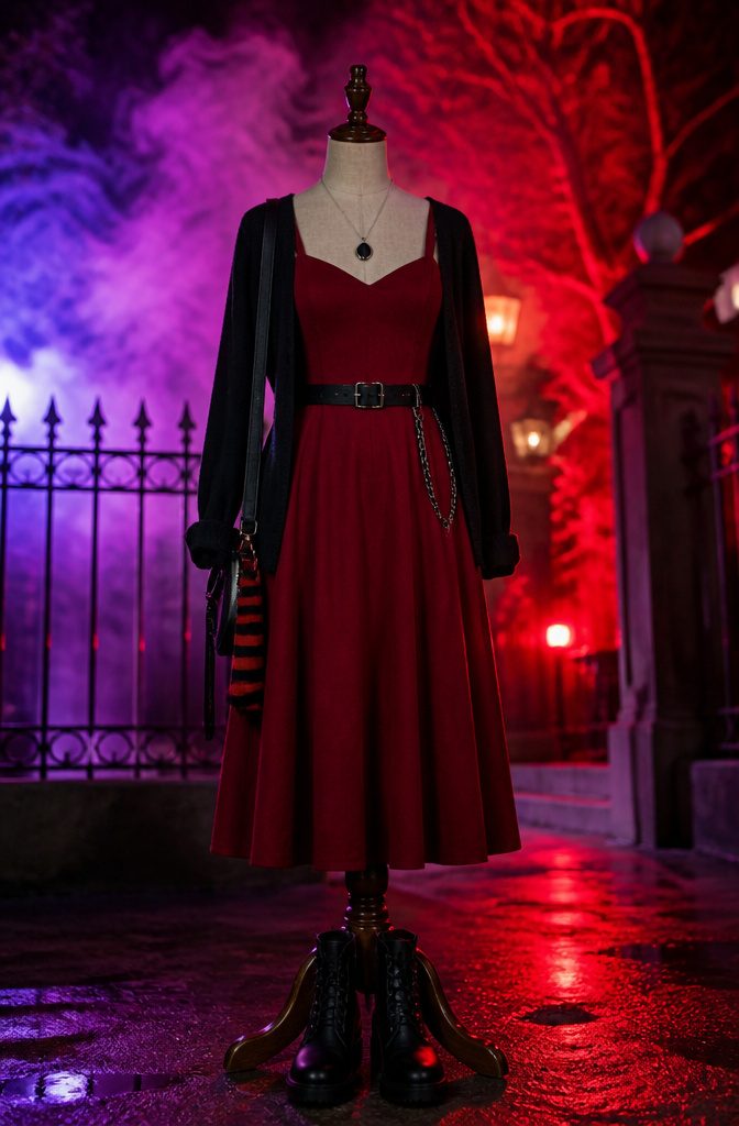 A photo showing an outfit coordinated around a specific house color for Halloween Horror Nights.