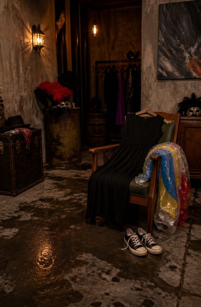 A photo of a black cotton midi dress and a plastic poncho used at Halloween Horror Nights.