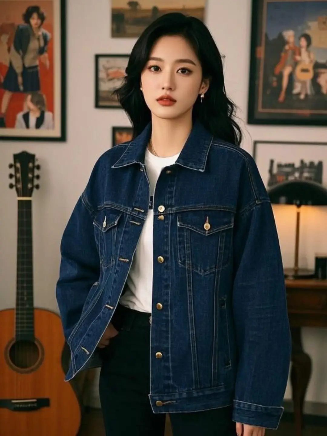 Casual Outfits for Las Vegas: 35 Ideas for Day and Night 23 Young woman wearing an oversized blue denim jacket and white t-shirt indoors.