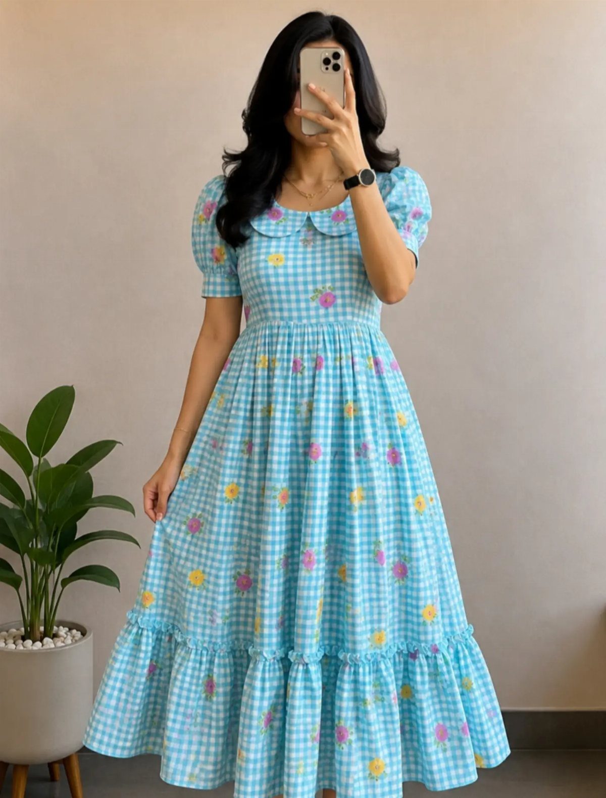 Casual Outfits for Las Vegas: 35 Ideas for Day and Night 3 Woman wearing a light blue gingham floral maxi dress with a Peter Pan collar.
