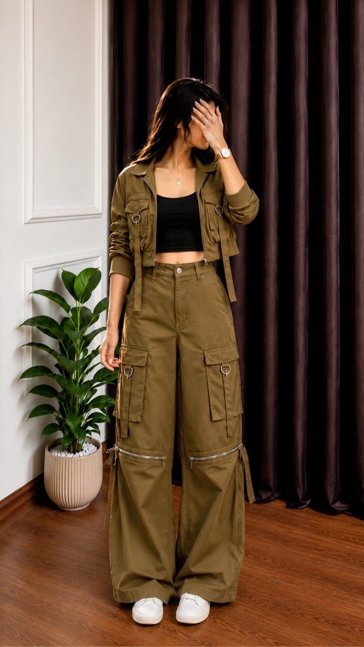 Casual Outfits for Las Vegas: 35 Ideas for Day and Night 22 Woman wearing olive green cargo pants and cropped jacket with white sneakers indoors.