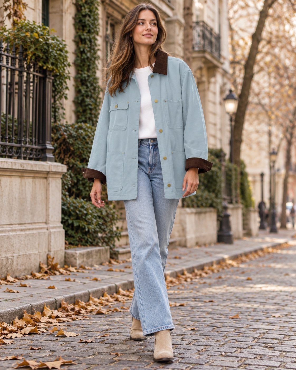 Casual Outfits for Las Vegas: 35 Ideas for Day and Night 14 Woman wearing a light blue utility jacket, white shirt, and wide-leg jeans on street.