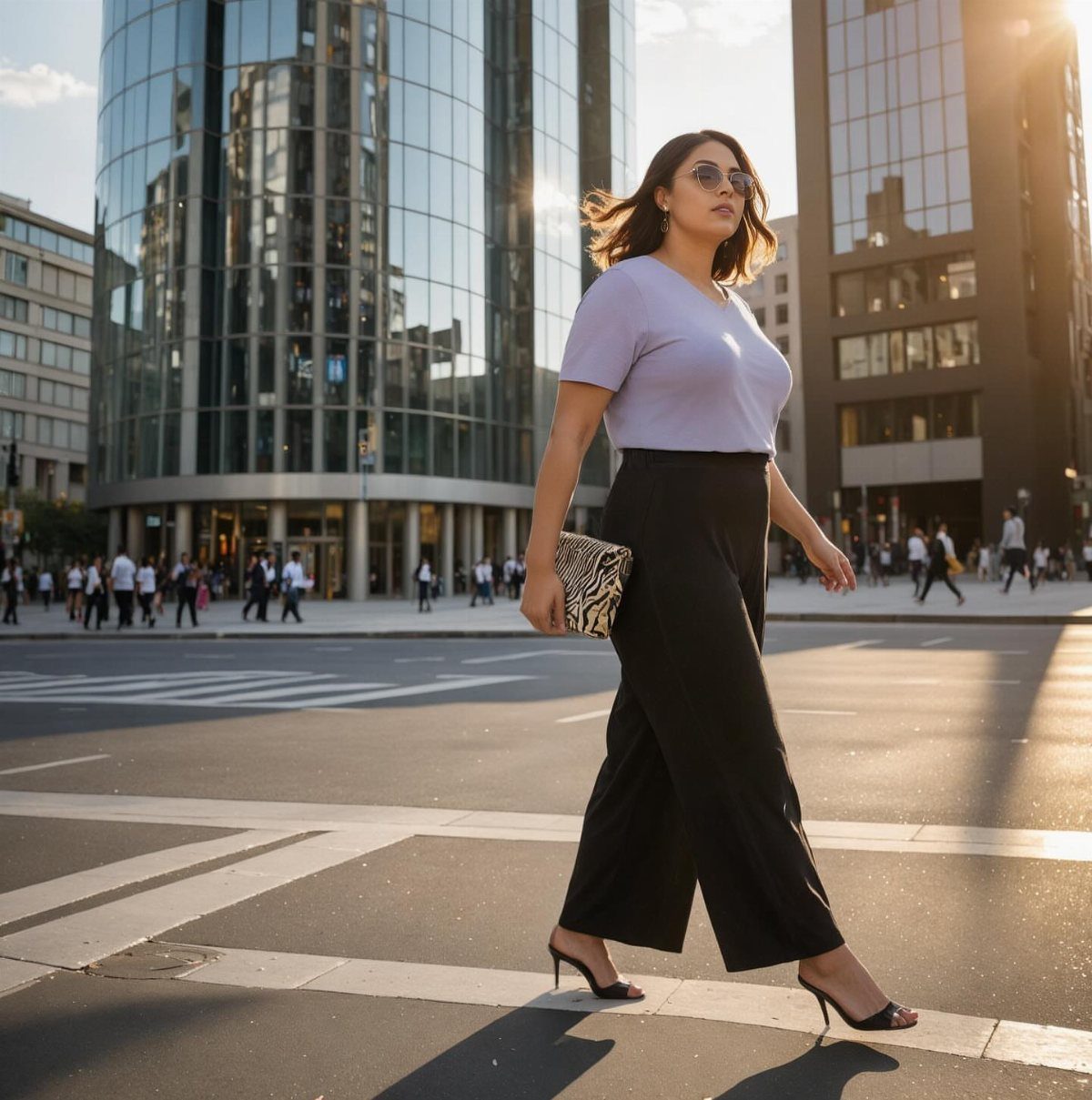 Woman in purple v-neck top and black wide-leg trousers walking in city