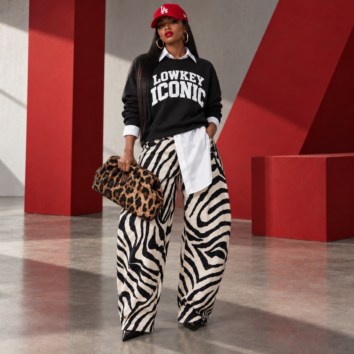 Woman wearing zebra-print wide-leg pants, a black sweatshirt, and a red baseball cap.