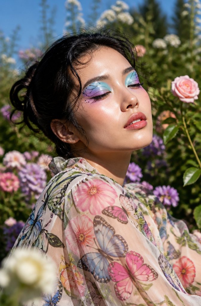20 Cool Makeup Looks: Creative Ideas to Try in 2026 9 Model with butterfly-themed eye makeup in aqua and lavender shades.