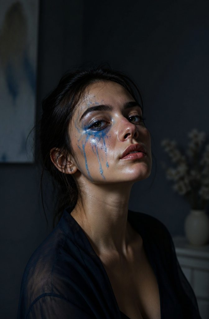 20 Cool Makeup Looks: Creative Ideas to Try in 2026 15 Model with painted tears in cool colors flowing down one cheek.