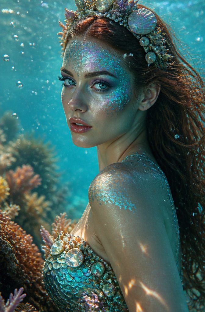 20 Cool Makeup Looks: Creative Ideas to Try in 2026 13 Model dressed as a mermaid with shimmering makeup in an underwater scene.