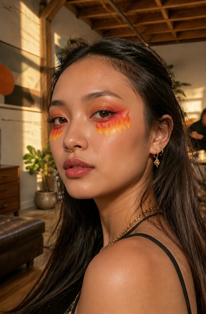 20 Cool Makeup Looks: Creative Ideas to Try in 2026 6 Model with colorful flame-inspired makeup under her eyes.