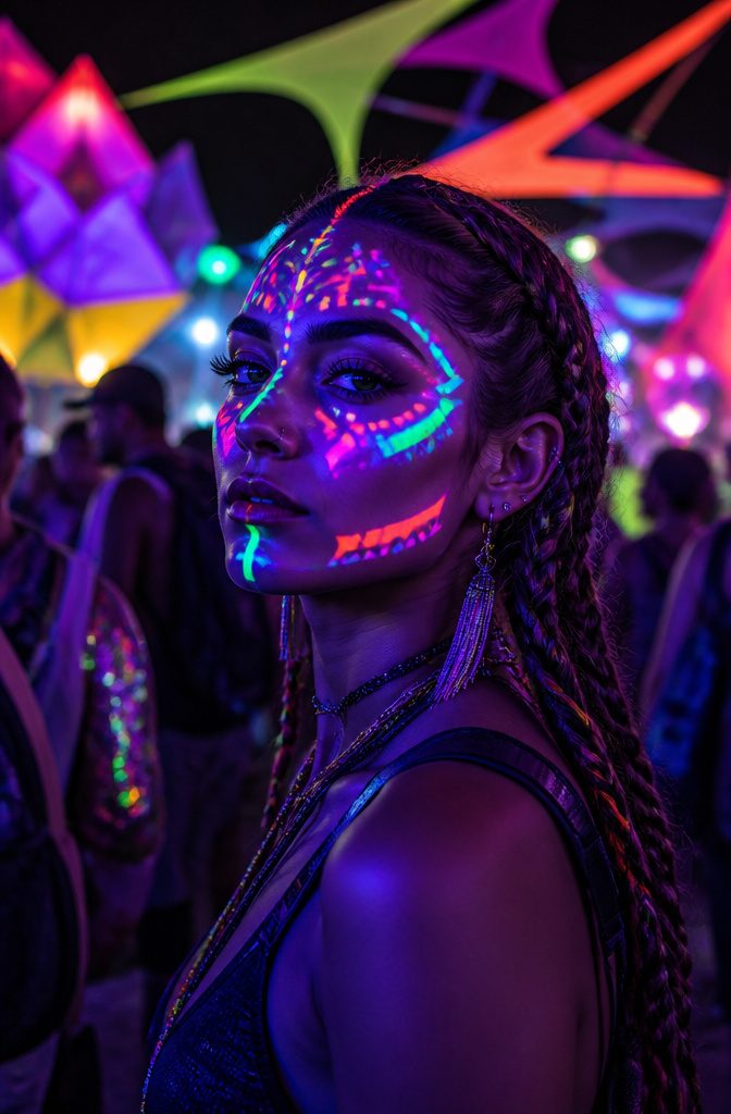 20 Cool Makeup Looks: Creative Ideas to Try in 2026 12 Model with neon colors that glow under blacklight in a vibrant setting.