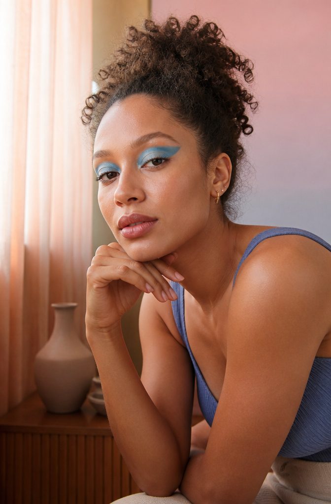 20 Cool Makeup Looks: Creative Ideas to Try in 2026 18 Model with a crescent-shaped blue makeup design above her eyelid crease.
