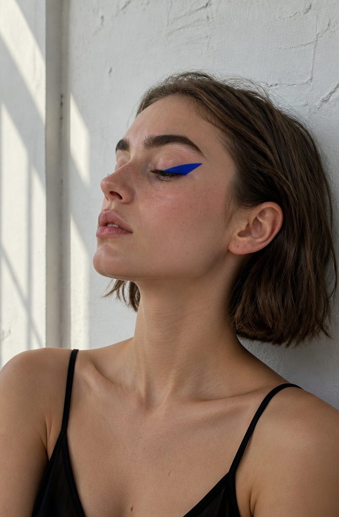 20 Cool Makeup Looks: Creative Ideas to Try in 2026 14 Model with a bold blue triangle on her outer eyelid against a white wall.