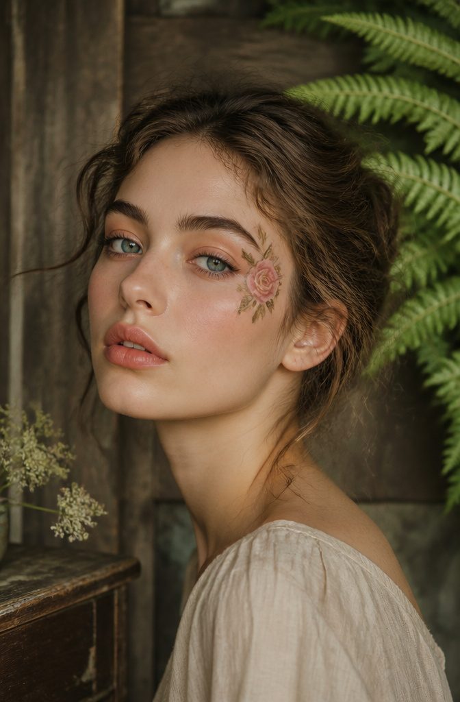 20 Cool Makeup Looks: Creative Ideas to Try in 2026 11 Model with a single rose painted near her eye in a natural setting.